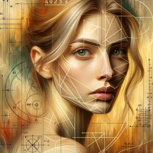 Abstract, minimalist, art cardiogram, charts complex, mathematical formulas, spontaneous lines, and paint marks, paint in hair, golden ratio