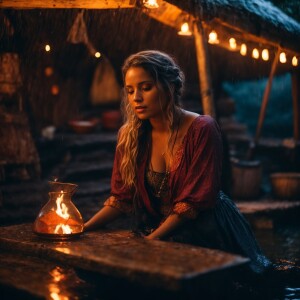 Wet Wench at a pirate hideaway siting by a fire