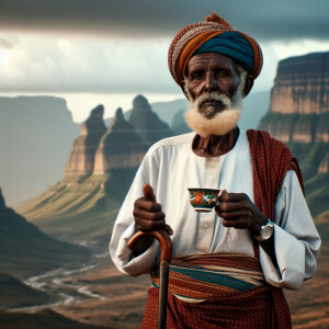 An elderly Somali man with a gray beard and a brown complexion i...