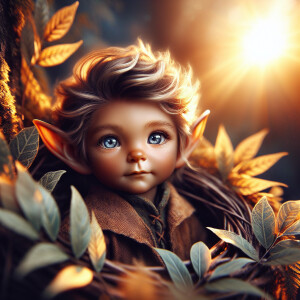 An elven baby with dark brown skin, blue eyes, and blonde hair.