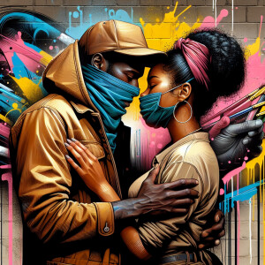 A digital illustration, airbrush style depicting a close embrace...