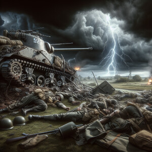 A tank, in pieces from a mortar shell hit, soldiers lay dead on...