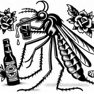 Mosquito drinking a beer in an old school tattoo style