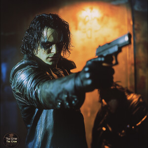Brandon Lee, portraying his character in "The Crow", fires a bul...