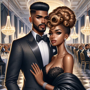 Depict an African American duo at a lavish gala. The gentleman s...