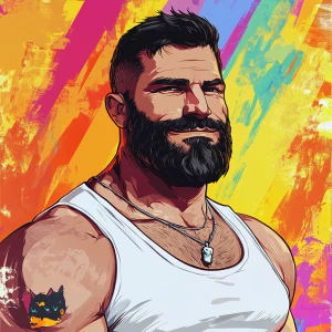 White muscular thin man with beard, big chin, smile and cheekbon...