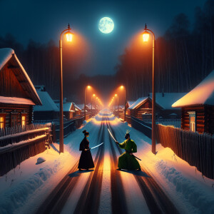 lunar midnight, a long two-lane road through a dacha village nea...