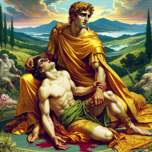 Generate an image of Apollo holding Hyacinthos as he lays on the...