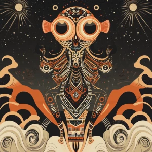 An alien hybrid rendered in the geometric and vibrant style of A...