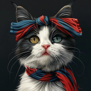 A cartoon of a mature cat gazing into the camera while sporting...