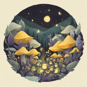 Detailed nighttime forest scene: a circle of mushrooms glowing u...