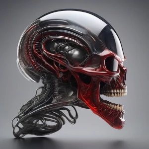 Biomechanical alien creature in side profile with a partially tr...