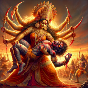 Portrait of angry four-armed goddess durga slaying mahishasur by carrying him in her arms and stabbing him with her red long nails. she should wear Gold jewelry all over the body. Mahishasur should have wounds all over his body. mahishasur should be smaller in size compared to Goddess durga. Background is an intense battlefield. reddish hue everywhere and sunset in the background.  Epic scene. 4k, HDR.