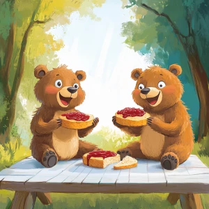 Two cute cartoon bears spreading jam on bread, sitting at a picn...