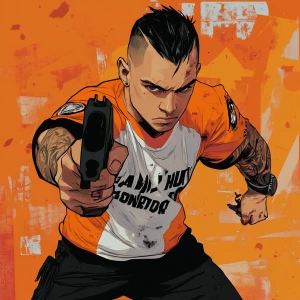 Create an image of a muscular character dressed in an orange and...