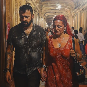Hyperrealistic painting.A sweaty beefy man walking with his 54 y...