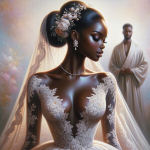 A hyper-realistic oil painting of an African American bride standing gracefully. She has a radiant complexion with a warm, glowing skin
tone. Her hair is styled in an elegant updo adorned with delicate white flowers. The bride is wearing a stunning, intricately detailed lacewedding gown with a subtle shimmer, capturing the light beautifully.The gown features a classic silhouette with a modern twist, including a deep V-neckline and a flowing train. She is also wearing a delicate pearl necklace and small, elegant earrings that add a touch ofsophistication. The background is a soft, romantic blur of pastelcolors, enhancing the focus on the bride and her exquisite bridal
attire. The painting should exude elegance, capturing the rich textures and vibrant details characteristic of oil paintings, with a particular emphasis on the fabric of the dress, the hairstyle, and the subtle a African-American Jesus Christ is in the background looking on