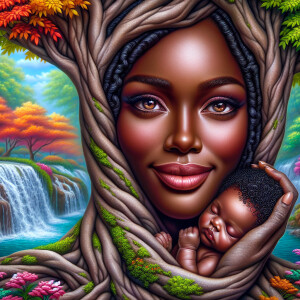 Create a close-up, hyper-realistic 3-D oil painting of a tree wi...