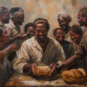 An art piece depicting a serene scene where a compassionate man,...