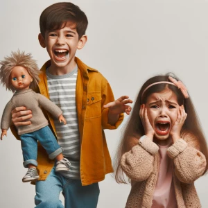 A boy is standing with a doll in his hand and laughing horribly...