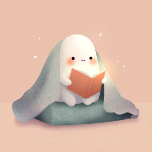 a cute ghost reading a book under a blanket, cozy soft lighting,...