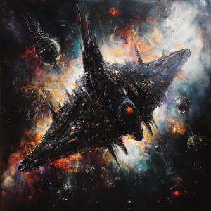 A menacingly sleek extraterrestrial spacecraft, its sharp angles...