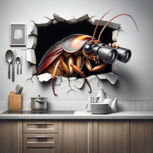 A Roach  with binoculars peeks out from behind a crack in a wall...