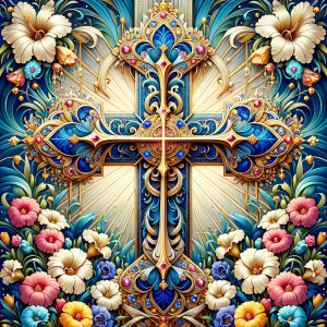 Create an image of a majestic cross, larger in size, with a harm...