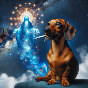 A dachshund dog with cigarette in his mouth and a Jesus Christ in the night sky