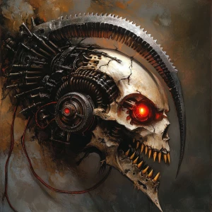 A biomechanical skull with a scythe-like horn curving forward, g...