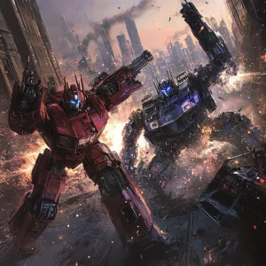 Megatron locked in battle with Optimus Prime in a desolate citys...