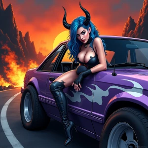 Create a digital comic book-style illustration in high contrast with a striking blue-haired demoness leaning provocatively out of a 1992 Ford Mustang window. The Mustang should be portrayed as a modified hot rod, featuring a prominent supercharger through its hood scoop, oversized tires, and a glossy purple metallic paint embellished with white flaming pinstripes. The demoness exudes a sensual aura with piercing eyes, full lips, and a playful smirk, dressed in a body-hugging, flame-themed bodysuit, thigh-high boots, and fingerless gloves. The background depicts a hellish landscape, with a road flanked by volcanic rocks and intense flames, casting a sinister light over the scene. The composition should be framed as a medium close-up, low-angle side shot, capturing the allure of