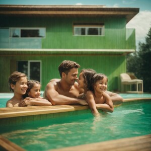 dad, mom, boy, girl are having fun in the sauna. they are smilin...