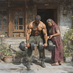 HyperRealism photo painting,A  muscular beefy sweaty kashmiri ma...