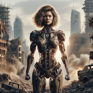 Blonde haired lady with  arms, chest, legs like a robot in the m...