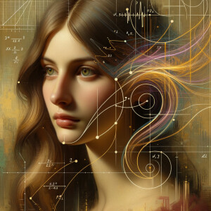 Abstract, minimalist, art cardiogram, charts complex, mathematical formulas, spontaneous lines, and paint marks, paint in hair, golden ratio