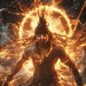 Cinematic scene of an angry Lord Shiva in a cosmic setting, with...