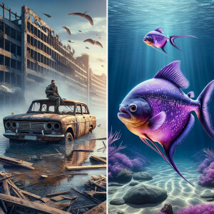 Purple piranha swimming with a sting ray