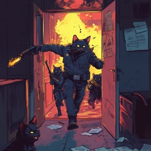 A crime boss cat flipping a table as SWAT-like cats burst throug...