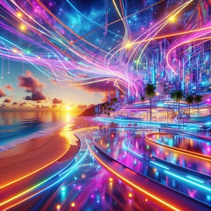 Create an image depicting a vibrant and colorful futuristic beachscape, complete with advanced technology, neon lights, and futuristic architecture seamlessly blended with natural elements.