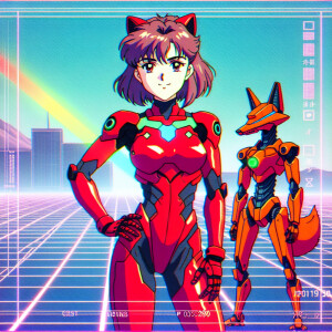 1990s anime screencap, girl a red plugsuit with laser fox compan...
