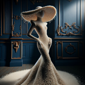 photoshoot of a  form fitting with evening gown  made of all pea...