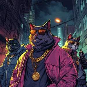 A group of cool gangster cats in an urban environment, wearing s...