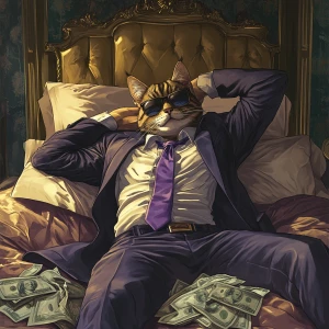 Create an image of a humanoid cat character lying on a luxurious...