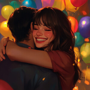 A brunette woman with bangs is hugging a man, his face is not vi...