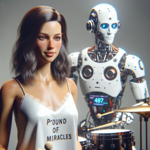 Photorealistic. Weird robot playing drums with a beautiful 23-ye...