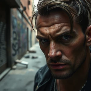 Close-up photo of a rugged individual with an intense gaze. The...