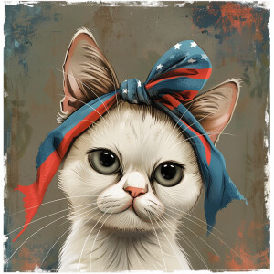 A cartoon of a mature cat gazing into the camera while sporting...