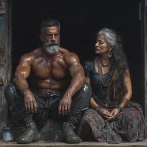 Photo HyperRealism,painting.A man muscular beefy sweaty doinga y...