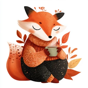 Sleepy fox sipping tea with closed eyes, cozy cartoon vector sty...